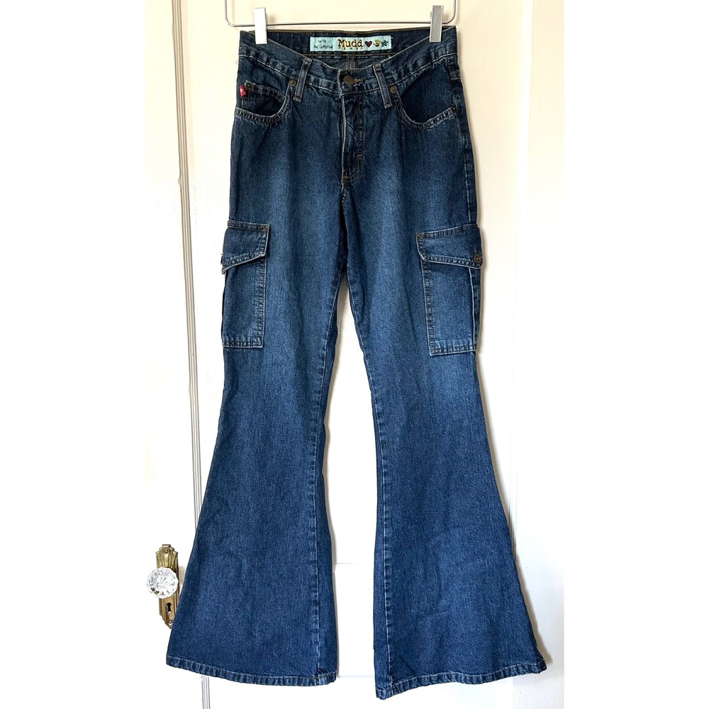 Vintage Y2K Mudd Cargo Utility Flare Dark Wash Jeans 1 Retro Bell Bottom